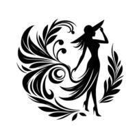 Silhouette of an elegant woman in a widebrimmed hat, amidst swirling floral and leaflike patterns, creating a stylized, circular composition. vector