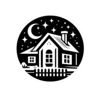 A serene, stylized night scene, showcasing a silhouette of a charming house within a circular frame, under a crescent moon and starry sky, evoking a feeling of tranquility. vector