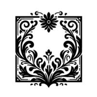 Elegant monochrome floral frame a symmetrical black and white featuring stylized floral elements, scrolls, and a central flower within a square border. vector