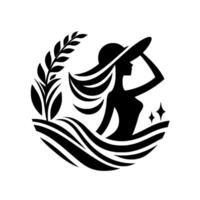 Silhouette of a woman in a hat, surrounded by waves, and flora, looking off into the distance, with a simple, elegant style. vector