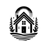 Monochromatic house with rising sun and surrounding natural elements, representing a home nestled in nature. vector