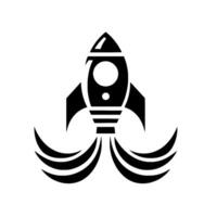 A bold, black silhouette of a rocket ship soaring against a pure white background, depicting space exploration and adventure. vector