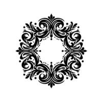 Intricate black floral wreath on white background a symmetrical, ornamental featuring swirls, leaves, and dots, perfect for or pattern creation. vector