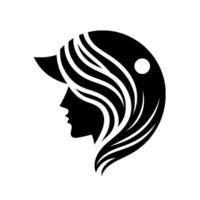 Elegant silhouette of a woman with flowing hair, wearing a cap and adorned with a simple circular highlight, set against a pure white background. vector
