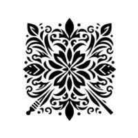 Symmetrical black floral on white intricate pattern of leaves, vines, and ornate elements, creating a decorative, square composition. vector