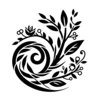 Elegant black and white floral composition a symmetrical featuring stylized leaves, a roselike bloom, and swirling elements against a clean white background. vector