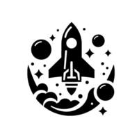 A minimalist black and white depicting a rocket ship soaring through space, surrounded by stars, planets, and stylized clouds, all within a crescentshaped border, evoking a sense of adventure vector