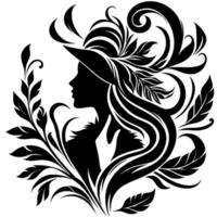 Elegant silhouette a woman in a hat and floral arrangement, a black and white illustration exuding sophistication. vector