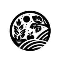 A circular minimalist illustration of a rural landscape, featuring wheat, an apple tree, and a stylized sun, all within a black outline. vector