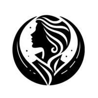 A monochrome, elegant silhouette of a womans profile framed within a stylized crescent, radiating grace and subtle floral motifs. vector