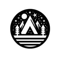 Minimalist black and white illustration of a mountain scene within a circle, featuring mountains, trees, stars, snowflakes, and a layered landscape. vector