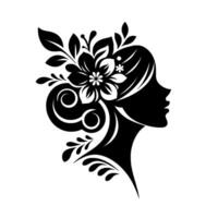Elegant silhouette of a woman adorned with floral and leafy hair, a decorative black and white design. vector