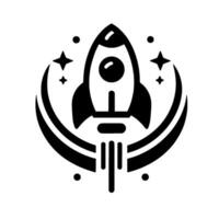 Simplified black and white of a rocket ship launching from earth, surrounded by stars and a stylized lunar orbit. vector