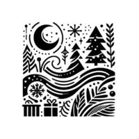 A stylized, monochrome christmasthemed illustration featuring a crescent moon, snowflakes, pine trees, gifts, and stylized flora in a square composition. vector
