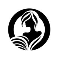 Elegant black and white silhouette of a woman with flowing hair, enclosed within a circular frame, illustrating serenity and beauty. vector