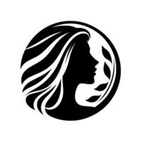 Elegant silhouette of a womans profile with flowing hair and leaves in a circular frame, black and white vector