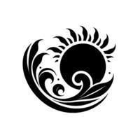 A stylized black and white emblem featuring a sun with radiating rays nestled amidst flowing waves, evoking a sense of serenity and nature. vector