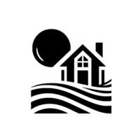 Minimalist black and white illustration a stylized house with a crosswindow, set against a sun and rolling landscape. vector