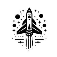 A stylized black and white of a rocket ship blasting off into space, encircled by stars and planets. vector