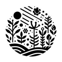 Whimsical black and white botanical illustration a sunkissed flora composition with abstract plants, floral elements, and a playful sundappled landscape, enclosed in a circular frame. vector