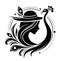 Elegant silhouette of a woman in a hat, intertwined with a peacock, in a monochrome, decorative, circular design. vector