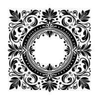 Intricate black white circular floral ornament with detailed scrolls, leaves, dots ornate decorative elements, isolated on white background. vector