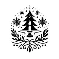 A monochrome christmas emblem featuring a central tree, lit candle, snowflakes, and botanical border elements, evoking festive warmth. vector