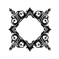 Ornate black and white decorative frame with floral and swirl elements enclosing a diamondshaped aperture. vector