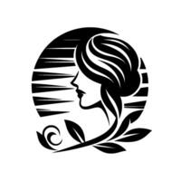 Elegant silhouette of a woman with flowing hair and laurel wreath set within a black and white circular composition. vector