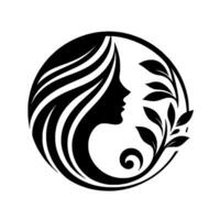 Elegant silhouette of a woman with flowing hair, encircled by a frame and delicate foliage, symbolic of beauty and natures harmony, in a clean, minimalist style. vector