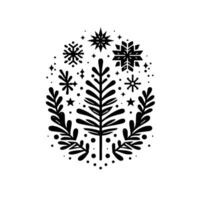 A symmetrical, minimalist winter featuring a central evergreen tree, encircled by stylized foliage, snowflakes, and stars, rendered in black and white. vector