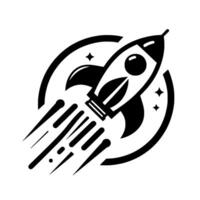 A stylized, monochromatic illustration depicting a rocket ship blasting off, encircled by a partial ring and stars, embodying themes of space exploration, innovation, and progress. vector