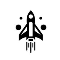 A monochrome minimalist featuring a rocket ship ascending into space, surrounded by stylized celestial bodies, evoking simplicity and adventure. vector
