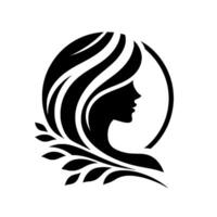 Elegant silhouette a black and white emblem featuring a womans profile within a circular frame, adorned with leafy accents. vector