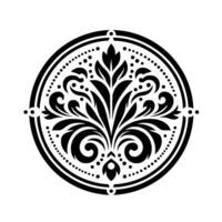 Circular black and white floral ornament intricate symmetric featuring stylized leaves, swirls, and dots within a bordered circle, isolated on a clean white background. vector