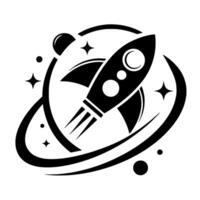 A stylized, black and white illustration featuring a rocket ship launching through an orbitlike ring, set against a backdrop of stars and planets, in a minimalist, style. vector