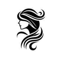 Elegant silhouette a black and white illustration of a womans profile, showcasing flowing hair with artistic swirls and curves. vector