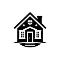 A stylized, black and white house with crossshaped window, starbursts, and a chimney, representing a clean, modern home concept on a white background. vector