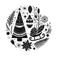 A circular monochromatic christmas composition featuring a stylized christmas tree, ornaments, snowflake, and a sleigh surrounded by various botanical elements, set against a white background. vector