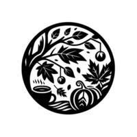Silhouette of an autumnal scene a circle composition depicting a tree with falling leaves, pumpkin, and a mug of coffee, all in monochrome. vector