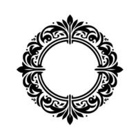 Ornate black and white circular frame with decorative floral swirls, leaves, and dots, isolated on white for elegant design. vector