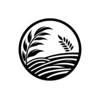 Black and white circular depicting a stylized agricultural scene with wheat and leaves, rolling fields, and a minimalist aesthetic. vector