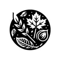 Abstract black and white botanical composition diverse leaves, seeds, and twigs enclosed in a circle with dot accents. vector