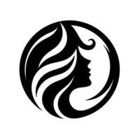 Elegant silhouette of a womans profile with flowing hair encased in a circular frame, representing beauty and grace. vector