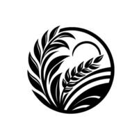 Abstract monochrome illustration of wheat and leaves enclosed in a circle, depicting a simple farm scene with crescent moon and geometric fields. vector
