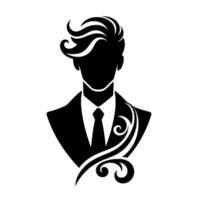 Stylized silhouette of a dapper gentleman in formal attire, featuring ornate decorative elements, set against a clean white background, epitomizing modern elegance. vector