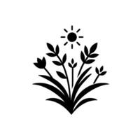 A monochrome illustration of stylized flora a sun shines above a cluster of leaves, buds, and grass in a and minimalist style. vector