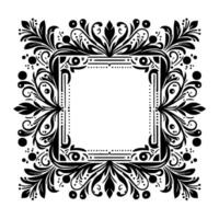 Elegant symmetrical square frame with ornate, flowing floral and leaf motifs, framed by a clean white backdrop. vector
