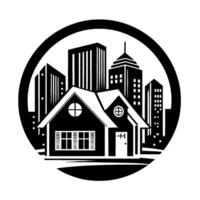 A stylized black and white illustration of a house in front of a cityscape, enclosed within a circle. vector