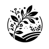 Botanical illustration in a circle a stylized black and white depiction of flora with leaves, flowers, and berries, set against rolling hills and a minimalist design. vector